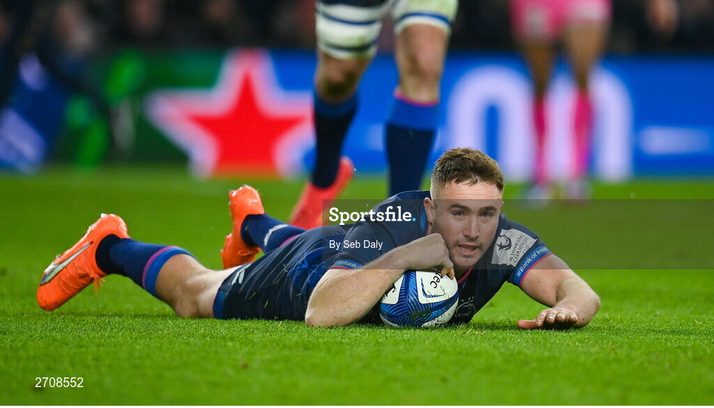 13 January 2024; Jordan Larmour of Leinster scores his side's seventh try during the Investec Champions Cup Pool 4 Round 3 match between Leinster and Stade Francais at the Aviva Stadium in Dublin. Photo by Seb Daly/Sportsfile