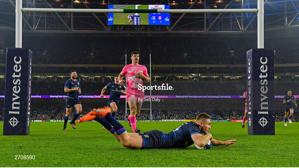13 January 2024; Jordan Larmour of Leinster scores his side's seventh try during the Investec Champions Cup Pool 4 Round 3 match between Leinster and Stade Francais at the Aviva Stadium in Dublin. Photo by Seb Daly/Sportsfile