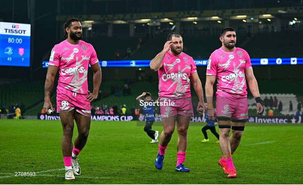 13 January 2024; Stade Francais players, from left, Peniasi Dakuwaqa, Vasil Kakovin and Giorgi Tsutskeridze leave the field dejected after their side's defeat in the Investec Champions Cup Pool 4 Round 3 match between Leinster and Stade Francais at the Aviva Stadium in Dublin. Photo by Sam Barnes/Sportsfile