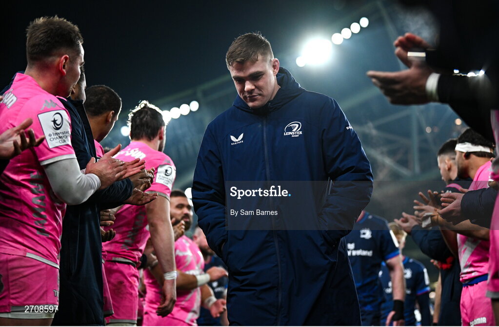 13 January 2024; Leinster co-captain Garry Ringrose leaves the field after his side's victory in the Investec Champions Cup Pool 4 Round 3 match between Leinster and Stade Francais at the Aviva Stadium in Dublin. Photo by Sam Barnes/Sportsfile