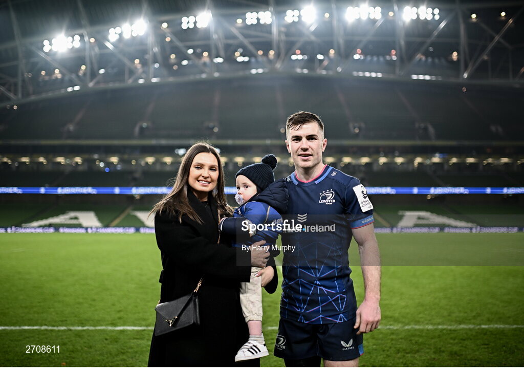 13 January 2024; Luke McGrath of Leinster with his partner Rebecca and son Bobby after making his 200th Leinster appearance in the Investec Champions Cup Pool 4 Round 3 match between Leinster and Stade Francais at the Aviva Stadium in Dublin. Photo by Harry Murphy/Sportsfile