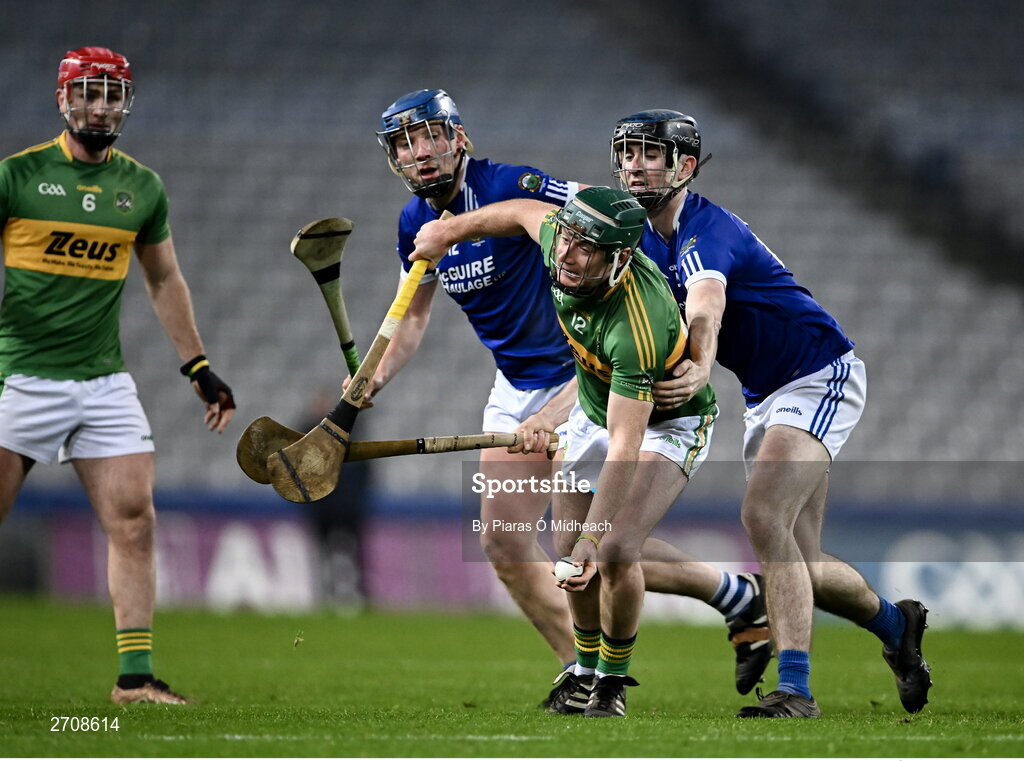 13 January 2024; Keith O'Leary of Castlelyons in action against John Donnelly and Jack Holden, right, of Thomastown during the AIB GAA Hurling All-Ireland Intermediate Club Championship final match between Castlelyons of Cork and Thomastown of Kilkenny at Croke Park in Dublin. Photo by Piaras Ó Mídheach/Sportsfile