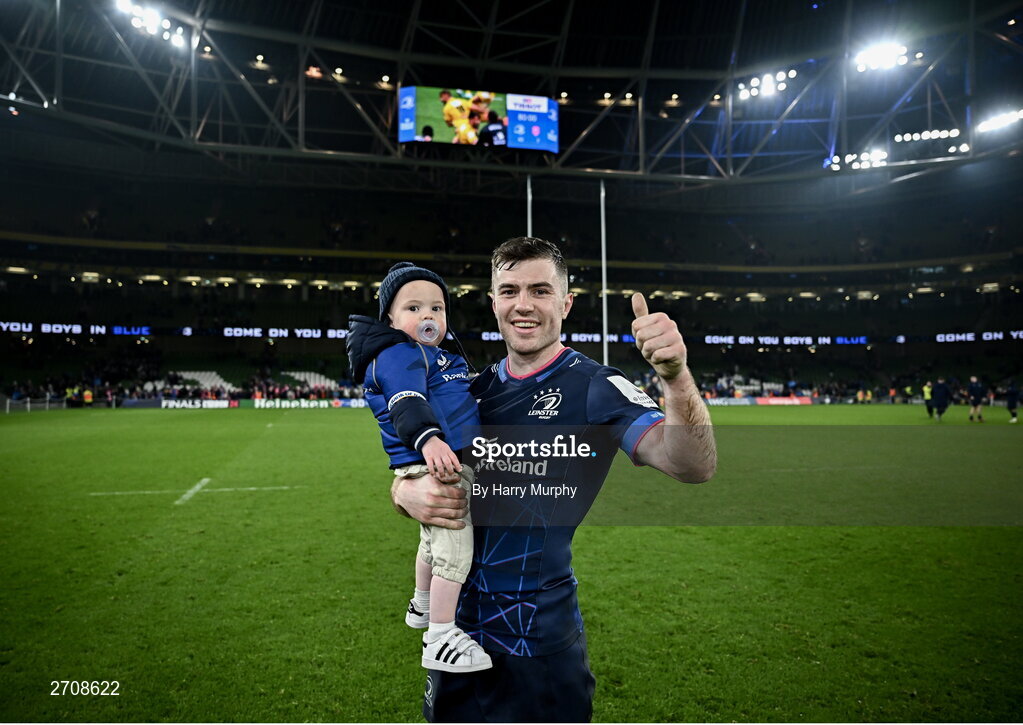 13 January 2024; Luke McGrath of Leinster with his son Bobby after making his 200th Leinster appearance in the Investec Champions Cup Pool 4 Round 3 match between Leinster and Stade Francais at the Aviva Stadium in Dublin. Photo by Harry Murphy/Sportsfile