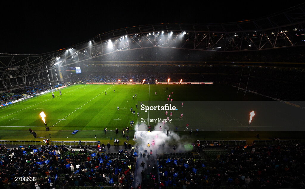 13 January 2024; Leinster and Stade Francais players run out before the Investec Champions Cup Pool 4 Round 3 match between Leinster and Stade Francais at the Aviva Stadium in Dublin. Photo by Harry Murphy/Sportsfile