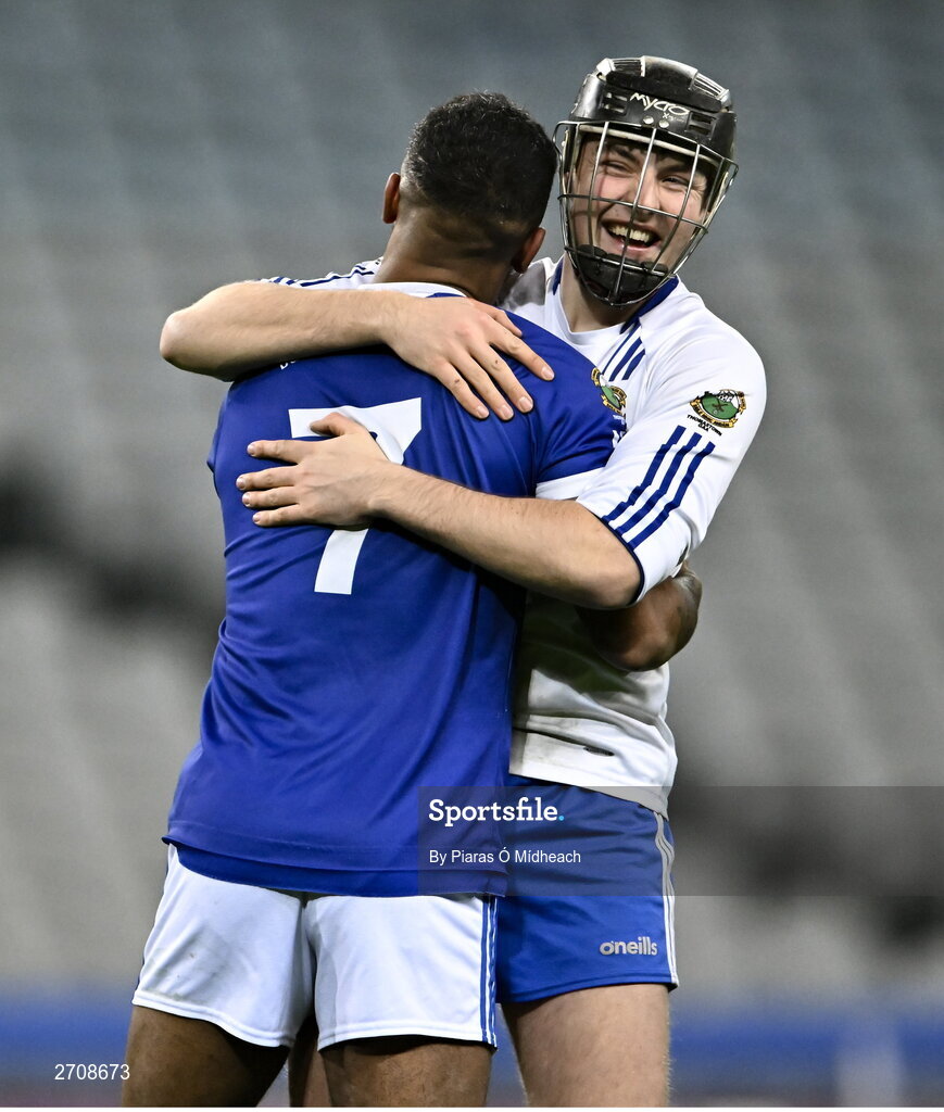 13 January 2024; Thomastown players Diarmuid Galway, right, and Zach Bay Hammond celebrate after their side's victory in the AIB GAA Hurling All-Ireland Intermediate Club Championship final match between Castlelyons of Cork and Thomastown of Kilkenny at Croke Park in Dublin. Photo by Piaras Ó Mídheach/Sportsfile