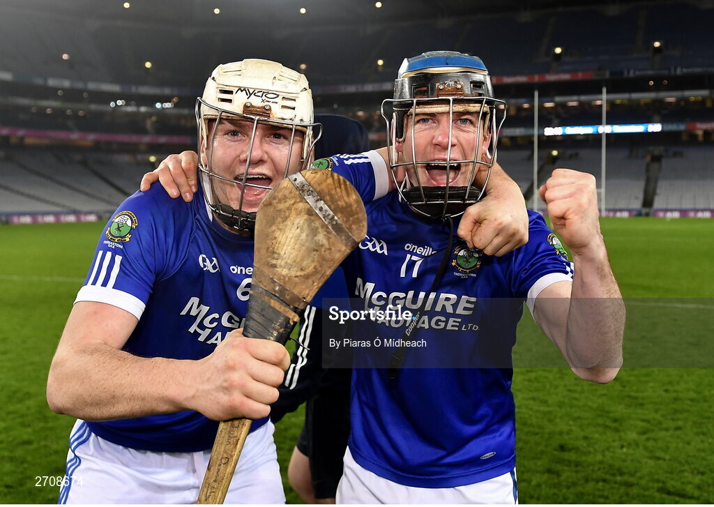 13 January 2024; Thomastown players Eddie Donnelly, left, and David Prendergast celebrate after their side's victory in the AIB GAA Hurling All-Ireland Intermediate Club Championship final match between Castlelyons of Cork and Thomastown of Kilkenny at Croke Park in Dublin. Photo by Piaras Ó Mídheach/Sportsfile