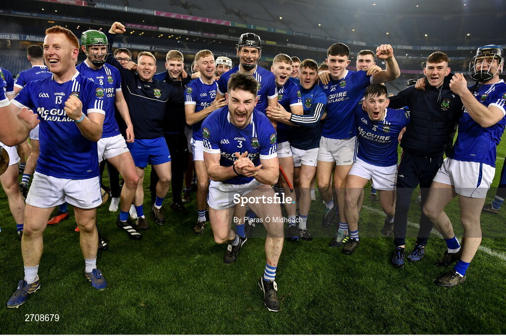 13 January 2024; Thomastown players, including Jay Burke, 3, celebrate after their side's victory in the AIB GAA Hurling All-Ireland Intermediate Club Championship final match between Castlelyons of Cork and Thomastown of Kilkenny at Croke Park in Dublin. Photo by Piaras Ó Mídheach/Sportsfile