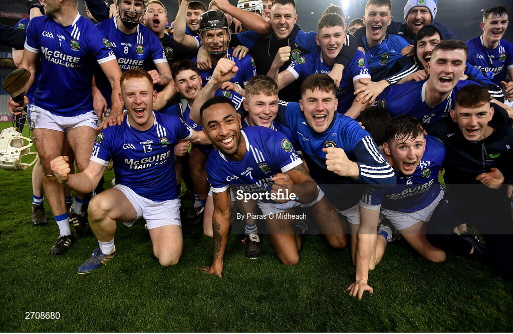 13 January 2024; Thomastown players, including Zach Bay Hammond, 7, celebrate after their side's victory in the AIB GAA Hurling All-Ireland Intermediate Club Championship final match between Castlelyons of Cork and Thomastown of Kilkenny at Croke Park in Dublin. Photo by Piaras Ó Mídheach/Sportsfile