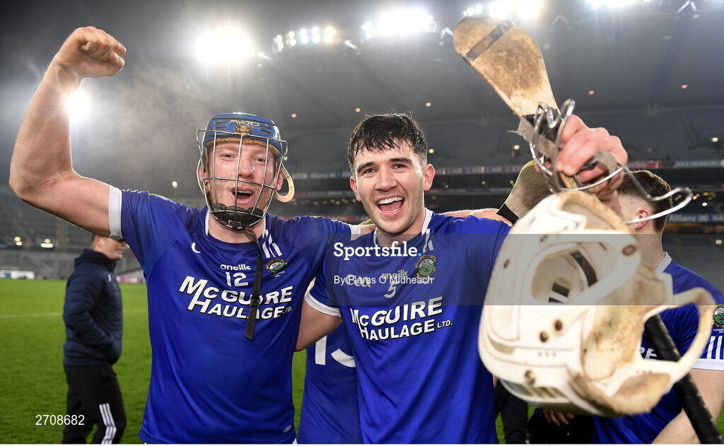 13 January 2024; Thomastown players John Donnelly, 12, and Brian Staunton celebrate after their side's victory in the AIB GAA Hurling All-Ireland Intermediate Club Championship final match between Castlelyons of Cork and Thomastown of Kilkenny at Croke Park in Dublin. Photo by Piaras Ó Mídheach/Sportsfile