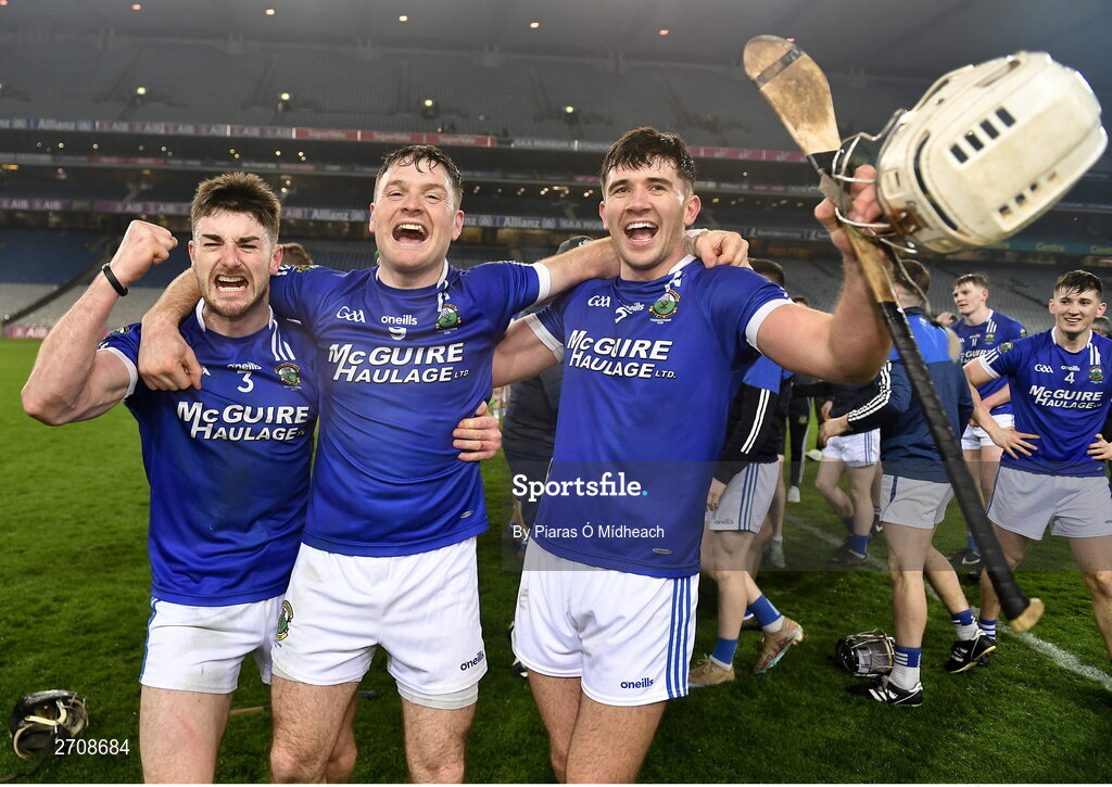 13 January 2024; Thomastown players, from left, Jay Burke, Jonjo Farrell and Brian Staunton celebrate after their side's victory in the AIB GAA Hurling All-Ireland Intermediate Club Championship final match between Castlelyons of Cork and Thomastown of Kilkenny at Croke Park in Dublin. Photo by Piaras Ó Mídheach/Sportsfile