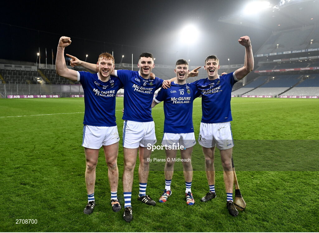 13 January 2024; Thomastown players, from left, John Donnelly, Eddie Donnelly, Robbie Donnelly and Stephen Donnelly celebrate after their side's victory in the AIB GAA Hurling All-Ireland Intermediate Club Championship final match between Castlelyons of Cork and Thomastown of Kilkenny at Croke Park in Dublin. Photo by Piaras Ó Mídheach/Sportsfile