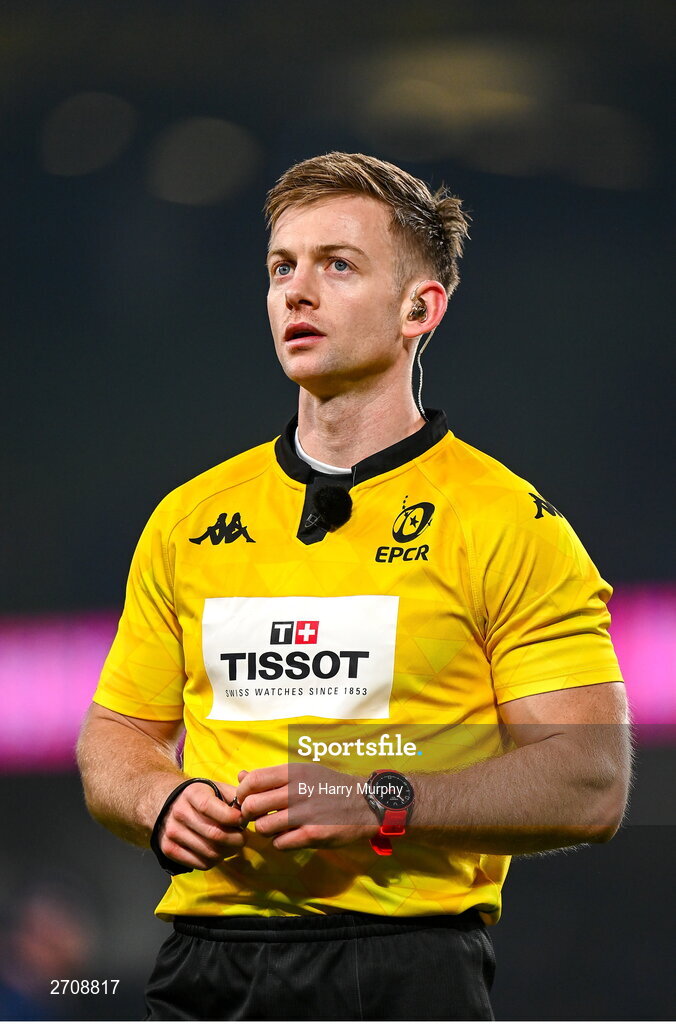 13 January 2024; Referee Christophe Ridley during the Investec Champions Cup Pool 4 Round 3 match between Leinster and Stade Francais at the Aviva Stadium in Dublin. Photo by Harry Murphy/Sportsfile