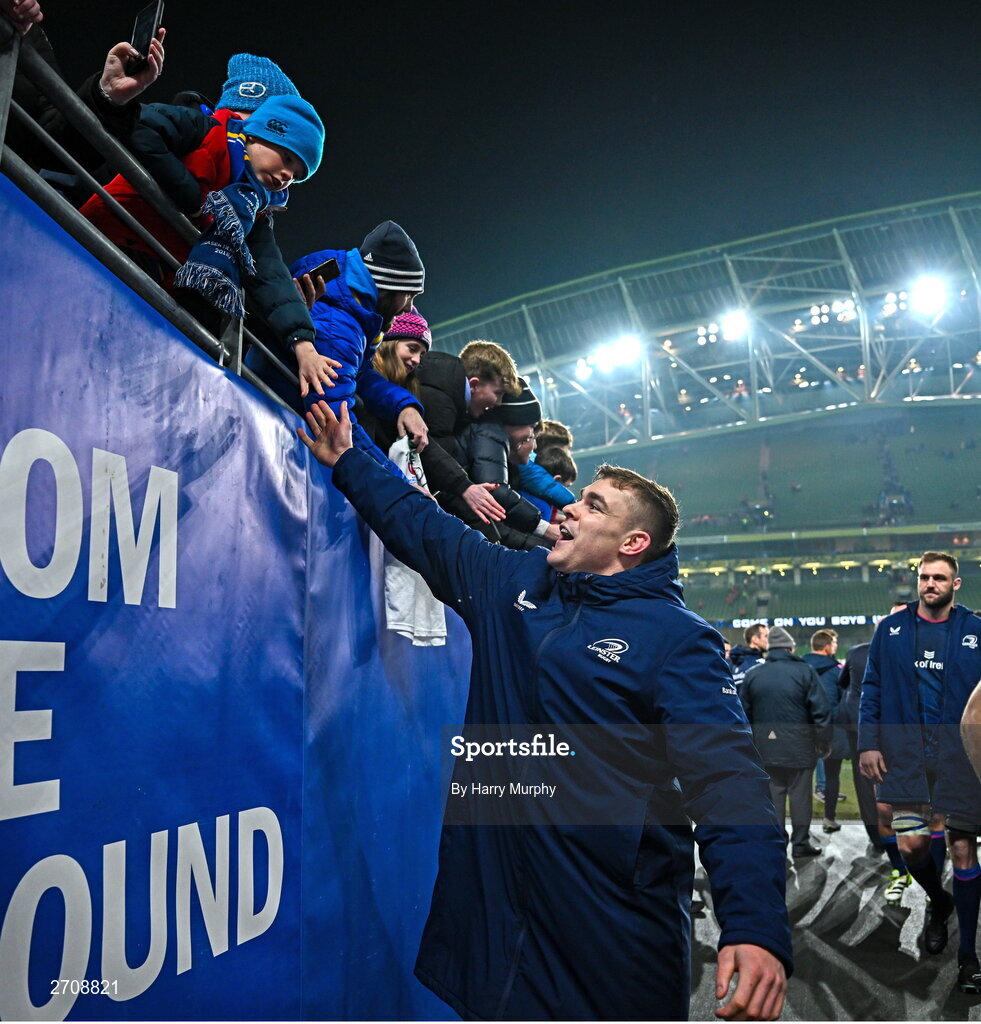 13 January 2024; Garry Ringrose of Leinster after his side's victory in the Investec Champions Cup Pool 4 Round 3 match between Leinster and Stade Francais at the Aviva Stadium in Dublin. Photo by Harry Murphy/Sportsfile