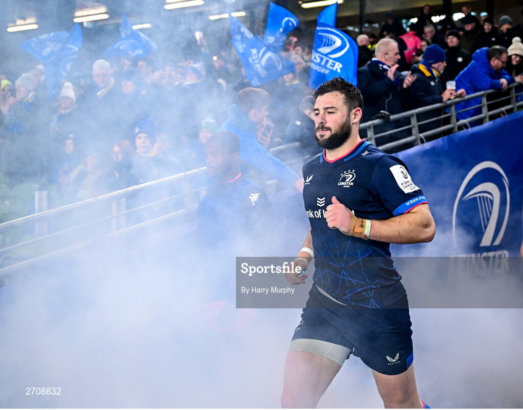 13 January 2024; Robbie Henshaw of Leinster runs out for the second half during the Investec Champions Cup Pool 4 Round 3 match between Leinster and Stade Francais at the Aviva Stadium in Dublin. Photo by Harry Murphy/Sportsfile