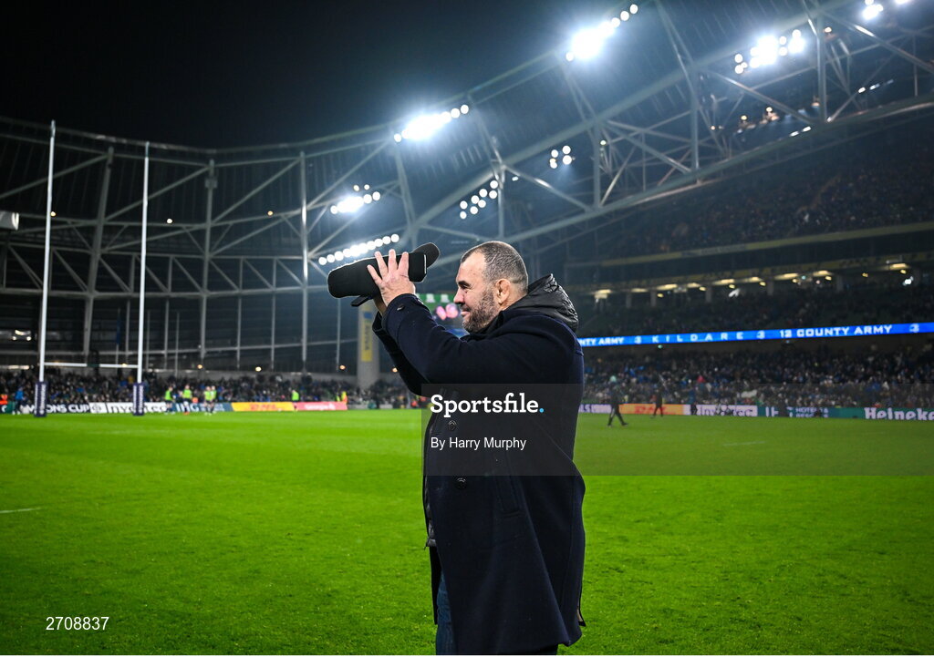 13 January 2024; Former Leinster head coach Michael Cheika at half time in the Investec Champions Cup Pool 4 Round 3 match between Leinster and Stade Francais at the Aviva Stadium in Dublin. Photo by Harry Murphy/Sportsfile