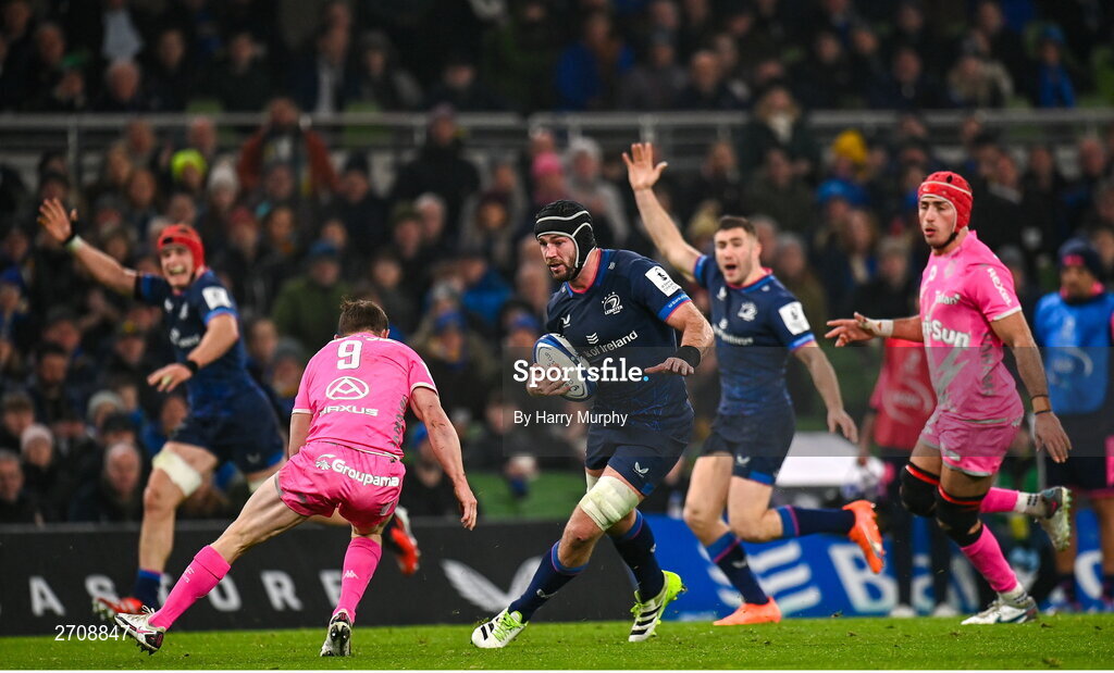 13 January 2024; Caelan Doris of Leinster makes a break during the Investec Champions Cup Pool 4 Round 3 match between Leinster and Stade Francais at the Aviva Stadium in Dublin. Photo by Harry Murphy/Sportsfile