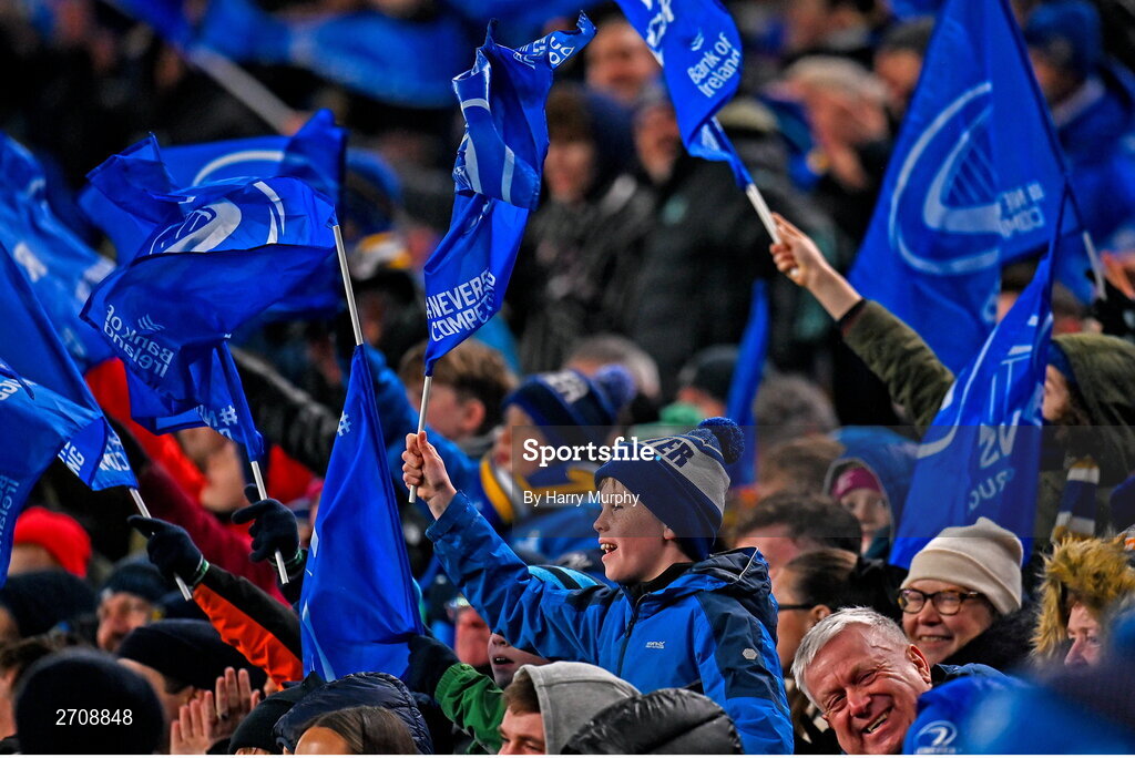 13 January 2024; Leinster supporters during the Investec Champions Cup Pool 4 Round 3 match between Leinster and Stade Francais at the Aviva Stadium in Dublin. Photo by Harry Murphy/Sportsfile