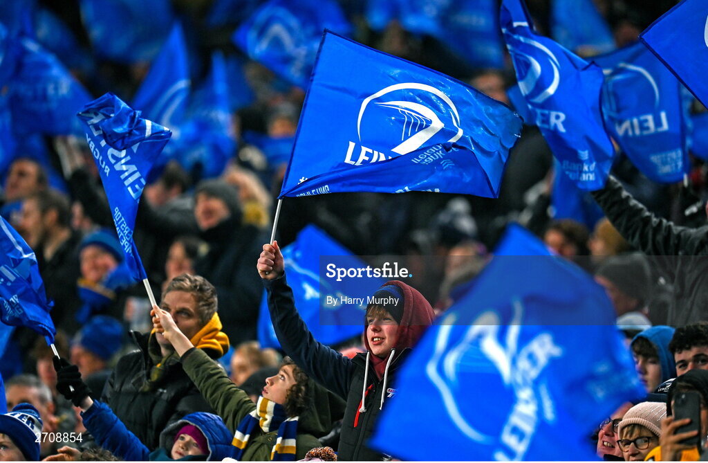13 January 2024; Leinster supporters during the Investec Champions Cup Pool 4 Round 3 match between Leinster and Stade Francais at the Aviva Stadium in Dublin. Photo by Harry Murphy/Sportsfile