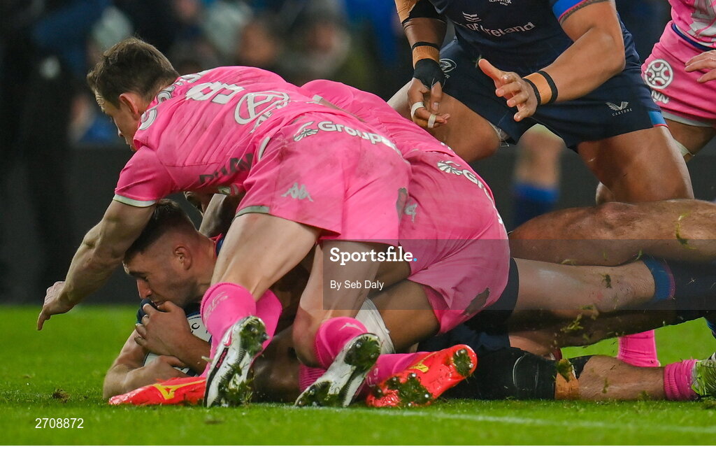 13 January 2024; Jordan Larmour of Leinster scores a try, that was subsequentley disallowed, during the Investec Champions Cup Pool 4 Round 3 match between Leinster and Stade Francais at the Aviva Stadium in Dublin. Photo by Seb Daly/Sportsfile