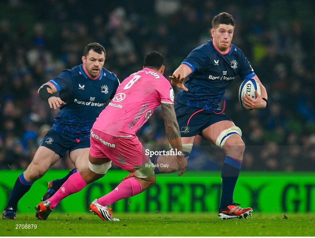13 January 2024; Joe McCarthy of Leinster in action against Giovanni Habel-Kuffner of Stade Francais during the Investec Champions Cup Pool 4 Round 3 match between Leinster and Stade Francais at the Aviva Stadium in Dublin. Photo by Seb Daly/Sportsfile