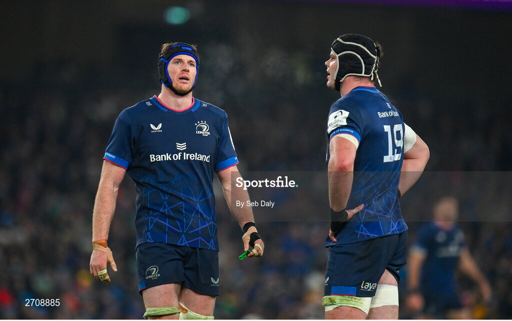 13 January 2024; Leinster players Ryan Baird, left, and James Ryan during the Investec Champions Cup Pool 4 Round 3 match between Leinster and Stade Francais at the Aviva Stadium in Dublin. Photo by Seb Daly/Sportsfile