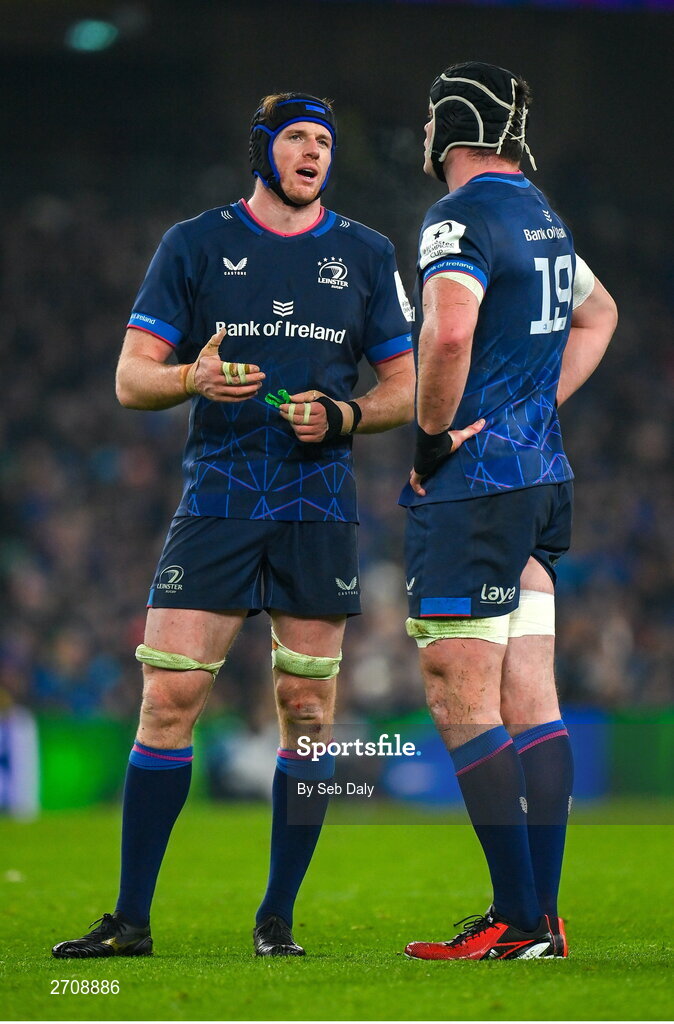 13 January 2024; Leinster players Ryan Baird, left, and James Ryan during the Investec Champions Cup Pool 4 Round 3 match between Leinster and Stade Francais at the Aviva Stadium in Dublin. Photo by Seb Daly/Sportsfile