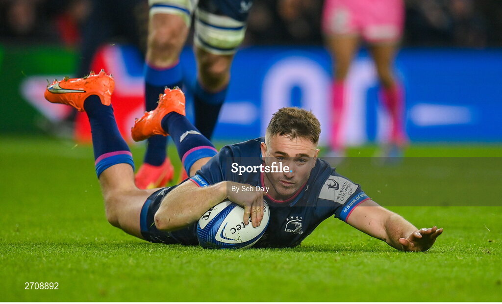 13 January 2024; Jordan Larmour of Leinster scores his side's seventh try during the Investec Champions Cup Pool 4 Round 3 match between Leinster and Stade Francais at the Aviva Stadium in Dublin. Photo by Seb Daly/Sportsfile
