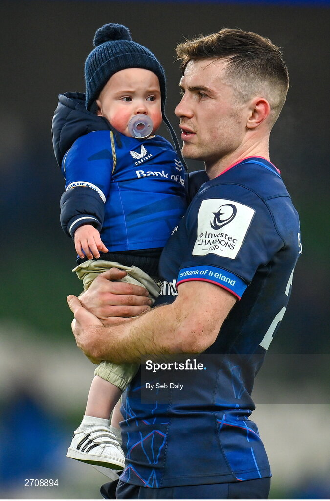 13 January 2024; Luke McGrath of Leinster, with his son Bobby, after the Investec Champions Cup Pool 4 Round 3 match between Leinster and Stade Francais at the Aviva Stadium in Dublin. Photo by Seb Daly/Sportsfile