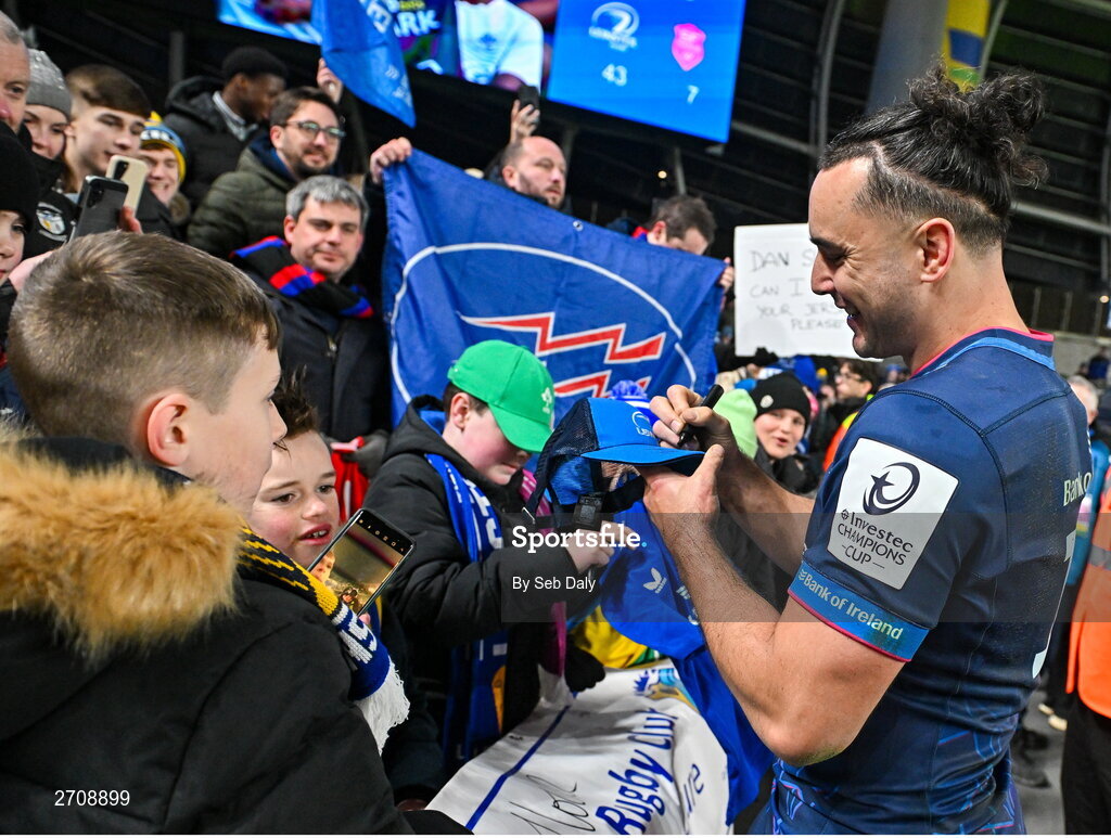 13 January 2024; James Lowe of Leinster with supporters after the Investec Champions Cup Pool 4 Round 3 match between Leinster and Stade Francais at the Aviva Stadium in Dublin. Photo by Seb Daly/Sportsfile