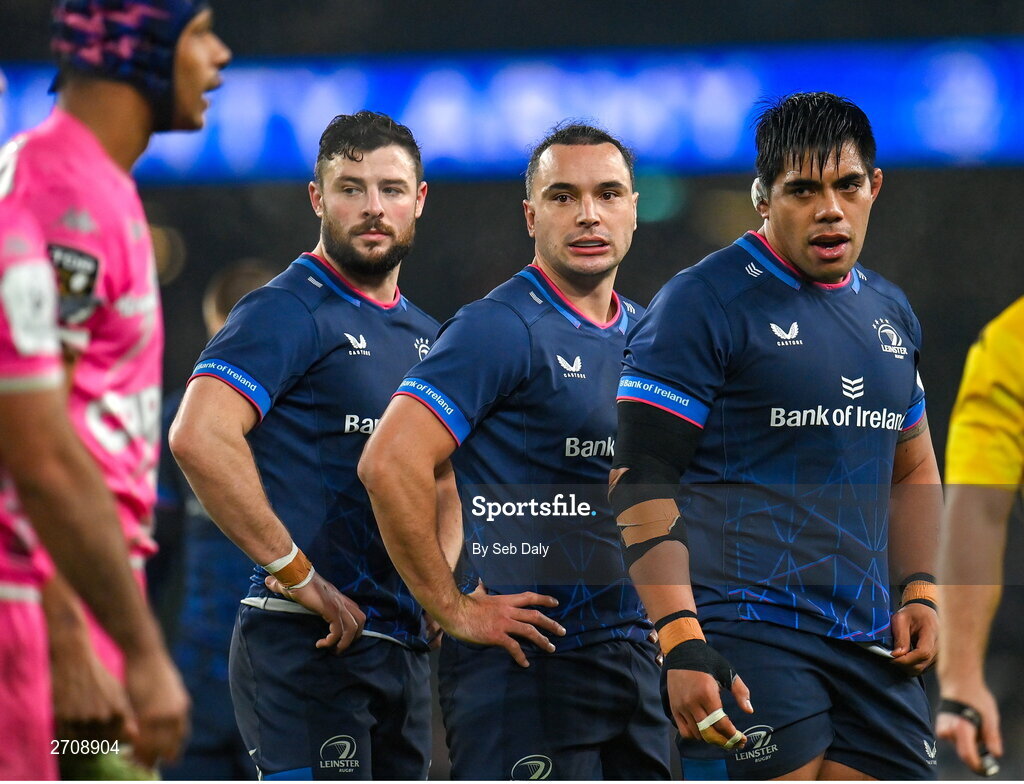 13 January 2024; Leinster players, from left, Robbie Henshaw, James Lowe and Michael Ala'alatoa during the Investec Champions Cup Pool 4 Round 3 match between Leinster and Stade Francais at the Aviva Stadium in Dublin. Photo by Seb Daly/Sportsfile