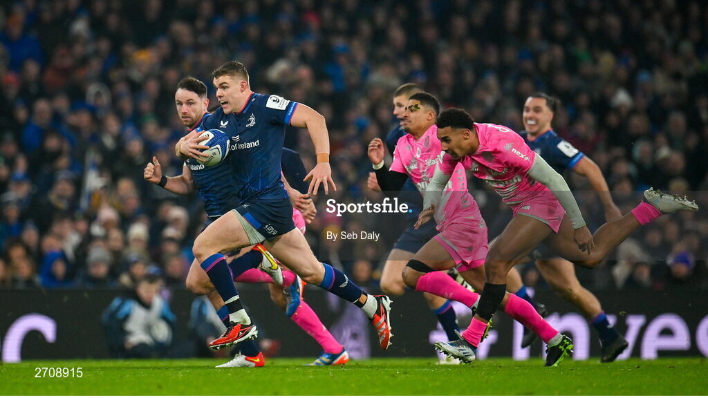 13 January 2024; Garry Ringrose of Leinster makes a break during the Investec Champions Cup Pool 4 Round 3 match between Leinster and Stade Francais at the Aviva Stadium in Dublin. Photo by Seb Daly/Sportsfile