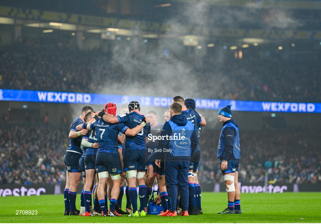 13 January 2024; Leinster players during the Investec Champions Cup Pool 4 Round 3 match between Leinster and Stade Francais at the Aviva Stadium in Dublin. Photo by Seb Daly/Sportsfile