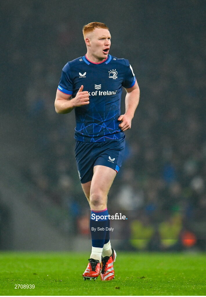 13 January 2024; Ciarán Frawley of Leinster during the Investec Champions Cup Pool 4 Round 3 match between Leinster and Stade Francais at the Aviva Stadium in Dublin. Photo by Seb Daly/Sportsfile