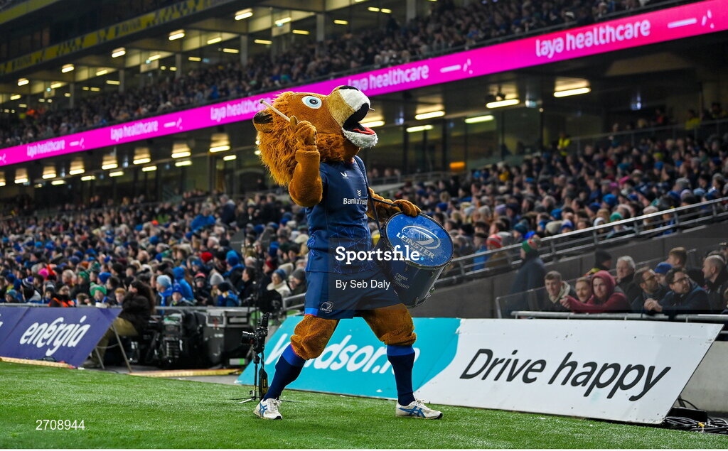 13 January 2024; Leinster mascot Leo the Lion during the Investec Champions Cup Pool 4 Round 3 match between Leinster and Stade Francais at the Aviva Stadium in Dublin. Photo by Seb Daly/Sportsfile