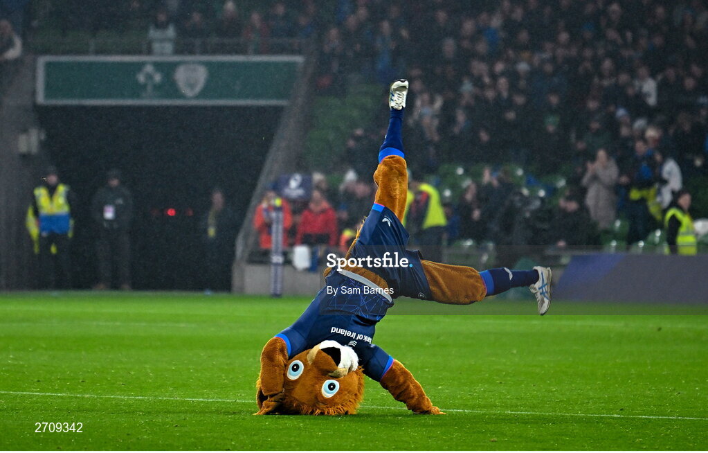 13 January 2024; Leinster mascot Leo the Lion during the Investec Champions Cup Pool 4 Round 3 match between Leinster and Stade Francais at the Aviva Stadium in Dublin. Photo by Sam Barnes/Sportsfile