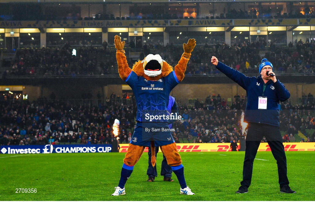 13 January 2024; Leinster mascot Leo the Lion during the Investec Champions Cup Pool 4 Round 3 match between Leinster and Stade Francais at the Aviva Stadium in Dublin. Photo by Sam Barnes/Sportsfile