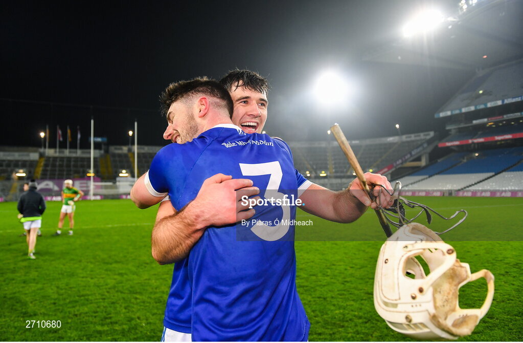 13 January 2024; Thomastown players Brian Staunton and Jay Burke, 3, celebrate after their side's victory in the AIB GAA Hurling All-Ireland Intermediate Club Championship final match between Castlelyons of Cork and Thomastown of Kilkenny at Croke Park in Dublin. Photo by Piaras Ó Mídheach/Sportsfile