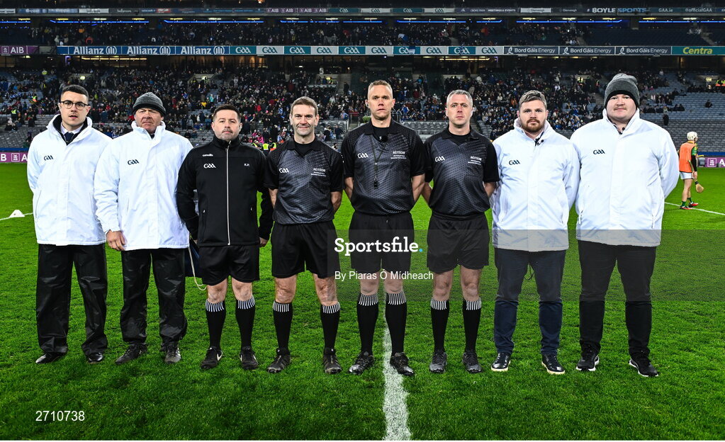 13 January 2024; Referee Michael Kennedy with his match officials before the AIB GAA Hurling All-Ireland Intermediate Club Championship final match between Castlelyons of Cork and Thomastown of Kilkenny at Croke Park in Dublin. Photo by Piaras Ó Mídheach/Sportsfile
