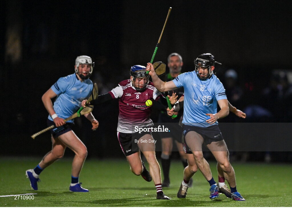 18 January 2024; Liam Leen of University of Galway in action against Aaron Dunphy of SETU Carlow during the Electric Ireland Higher Education GAA Fitzgibbon Cup Round 1 match between SETU Carlow and University of Galway at SETU Carlow Sport Complex in Carlow. Photo by Seb Daly/Sportsfile
