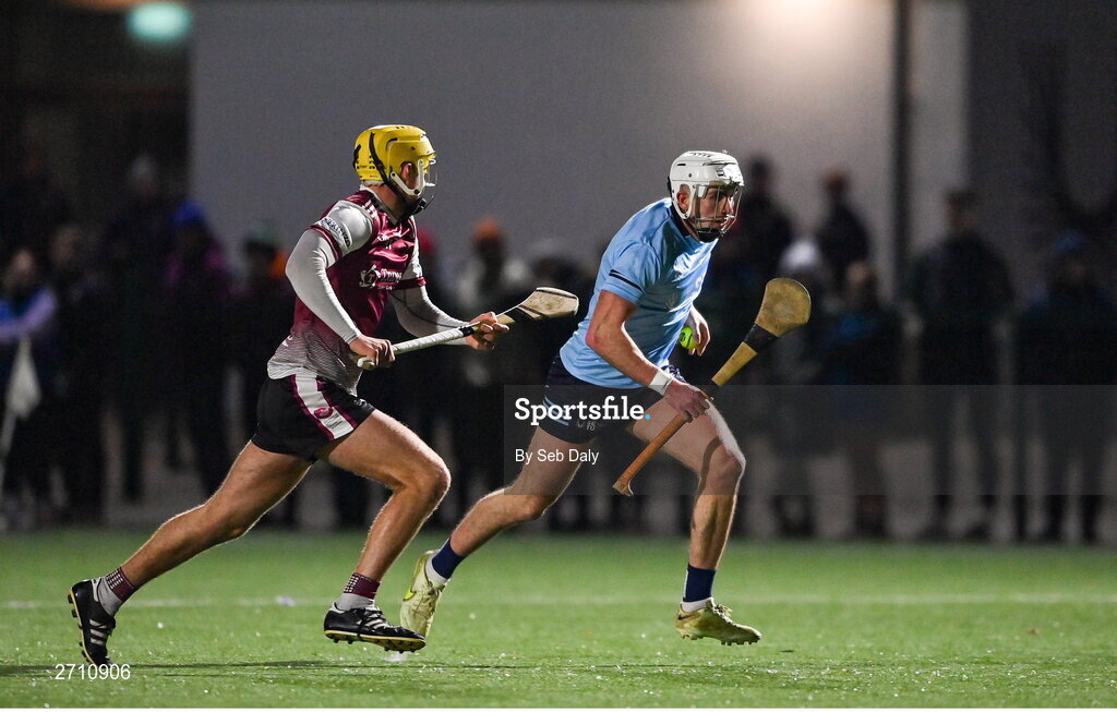 18 January 2024; Gearóid Lynch of SETU Carlow in action against Tiernan Killeen of University of Galway during the Electric Ireland Higher Education GAA Fitzgibbon Cup Round 1 match between SETU Carlow and University of Galway at SETU Carlow Sport Complex in Carlow. Photo by Seb Daly/Sportsfile