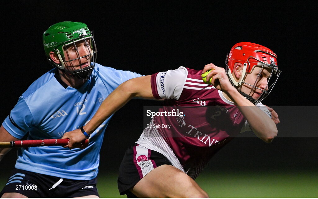 18 January 2024; Mark Hardiman of University of Galway in action against Joe Fogarty of SETU Carlow during the Electric Ireland Higher Education GAA Fitzgibbon Cup Round 1 match between SETU Carlow and University of Galway at SETU Carlow Sport Complex in Carlow. Photo by Seb Daly/Sportsfile