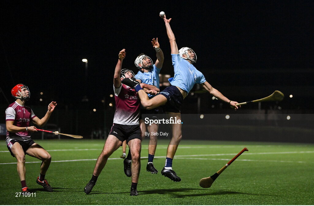 18 January 2024; SETU Carlow players Paddy Boland, centre, and Chris Nolan, in action against Patrick Burke of University of Galway during the Electric Ireland Higher Education GAA Fitzgibbon Cup Round 1 match between SETU Carlow and University of Galway at SETU Carlow Sport Complex in Carlow. Photo by Seb Daly/Sportsfile