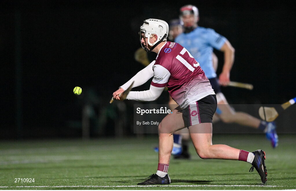 18 January 2024; Colm Molloy of University of Galway scores his side's third goal during the Electric Ireland Higher Education GAA Fitzgibbon Cup Round 1 match between SETU Carlow and University of Galway at SETU Carlow Sport Complex in Carlow. Photo by Seb Daly/Sportsfile
