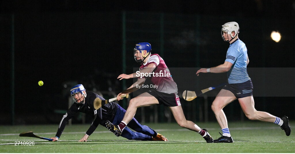 18 January 2024; Niall Collins of University of Galway in action against SETU Carlow goalkeeper James Lawlor, left, and Michael Dundon during the Electric Ireland Higher Education GAA Fitzgibbon Cup Round 1 match between SETU Carlow and University of Galway at SETU Carlow Sport Complex in Carlow. Photo by Seb Daly/Sportsfile