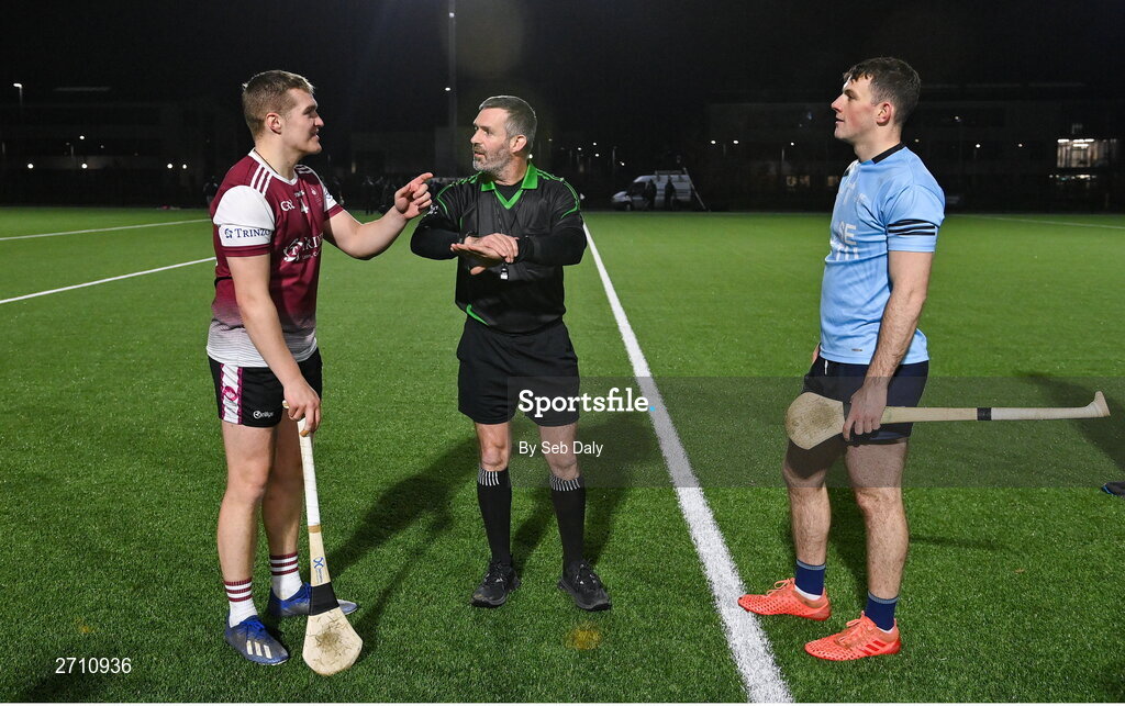 18 January 2024; Referee James Owens with team captains Conor Walsh of University of Galway and Eoin Cody of SETU Carlow before the Electric Ireland Higher Education GAA Fitzgibbon Cup Round 1 match between SETU Carlow and University of Galway at SETU Carlow Sport Complex in Carlow. Photo by Seb Daly/Sportsfile