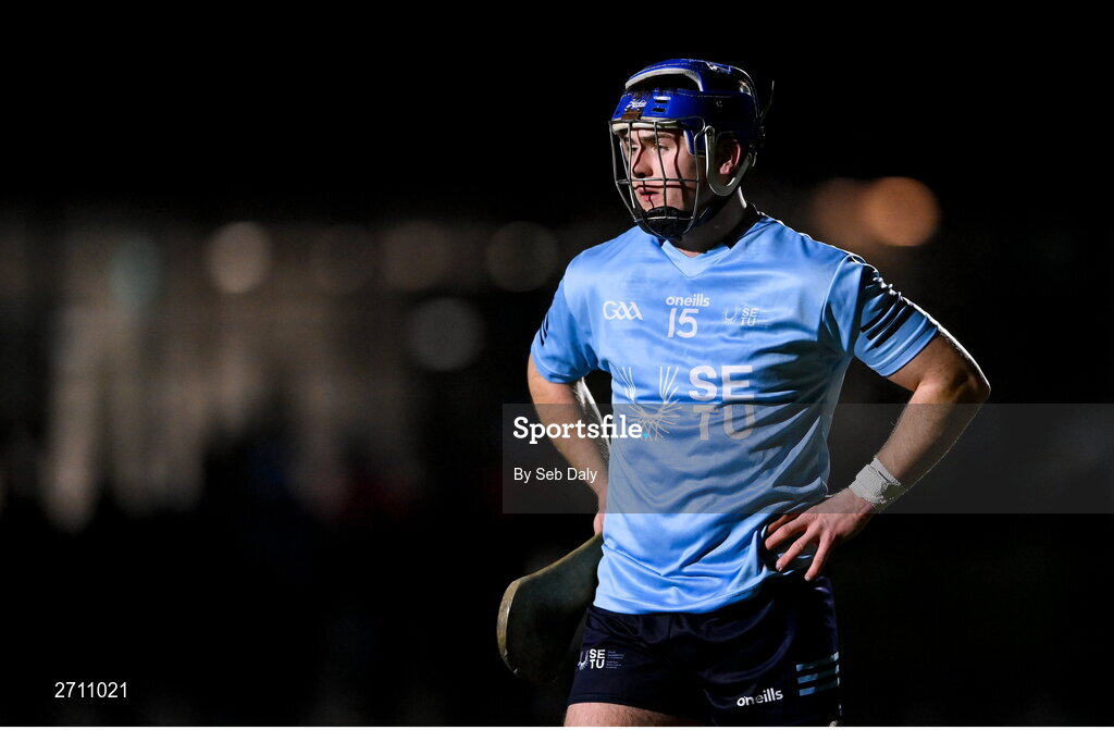 18 January 2024; Tomás Keyes of SETU Carlow during the Electric Ireland Higher Education GAA Fitzgibbon Cup Round 1 match between SETU Carlow and University of Galway at SETU Carlow Sport Complex in Carlow. Photo by Seb Daly/Sportsfile