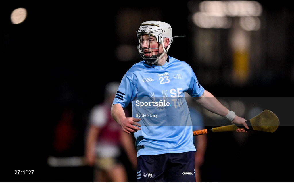 18 January 2024; Eric English of SETU Carlow during the Electric Ireland Higher Education GAA Fitzgibbon Cup Round 1 match between SETU Carlow and University of Galway at SETU Carlow Sport Complex in Carlow. Photo by Seb Daly/Sportsfile