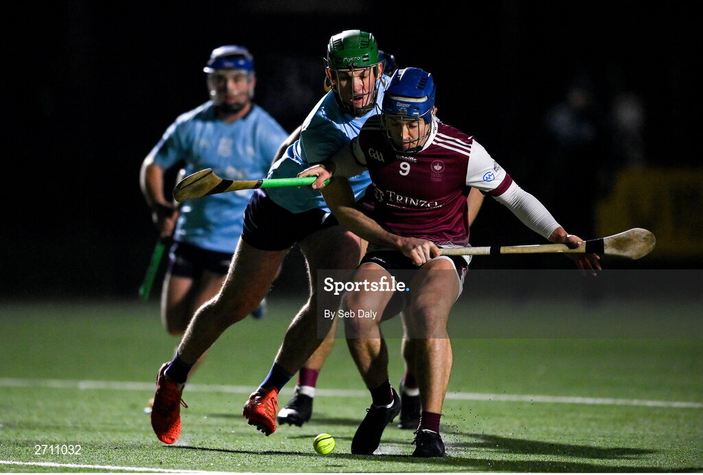 18 January 2024; Kieran Hanrahan of University of Galway in action against Eoin Cody of SETU Carlow during the Electric Ireland Higher Education GAA Fitzgibbon Cup Round 1 match between SETU Carlow and University of Galway at SETU Carlow Sport Complex in Carlow. Photo by Seb Daly/Sportsfile
