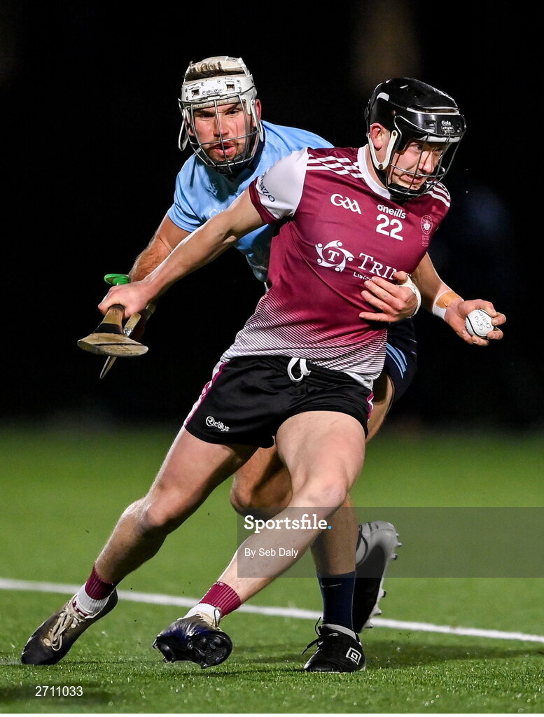 18 January 2024; Ian McGlynn of University of Galway in action against Chris Nolan of SETU Carlow during the Electric Ireland Higher Education GAA Fitzgibbon Cup Round 1 match between SETU Carlow and University of Galway at SETU Carlow Sport Complex in Carlow. Photo by Seb Daly/Sportsfile