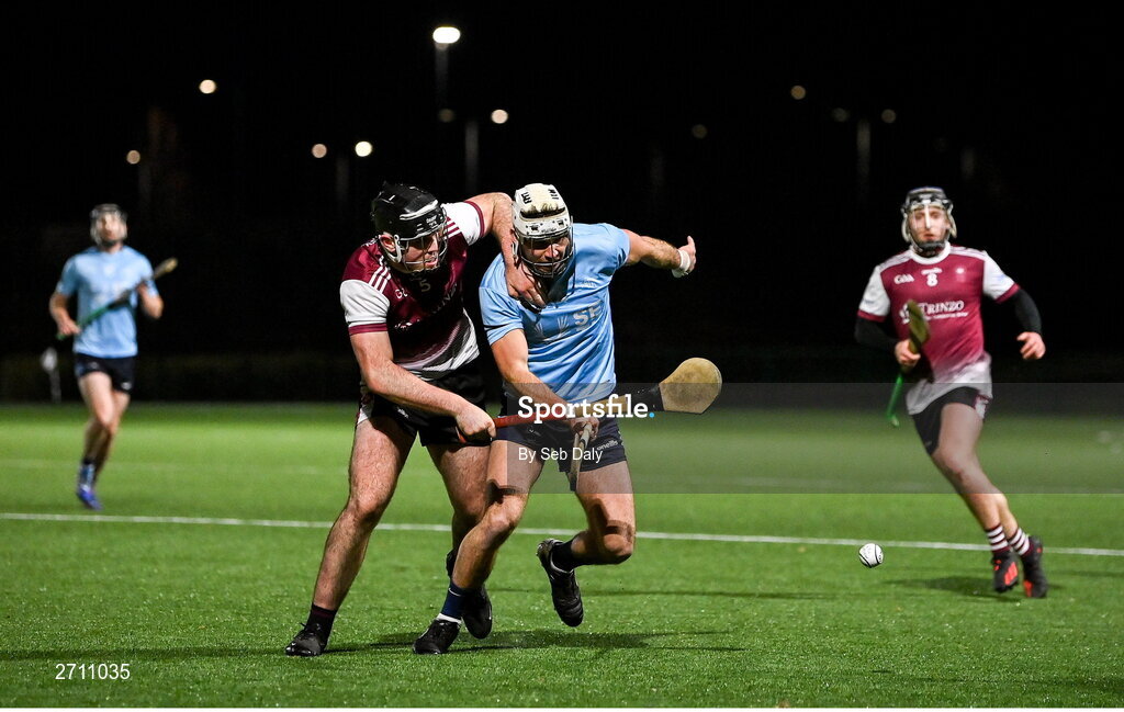 18 January 2024; Chris Nolan of SETU Carlow in action against Patrick Burke of University of Galway during the Electric Ireland Higher Education GAA Fitzgibbon Cup Round 1 match between SETU Carlow and University of Galway at SETU Carlow Sport Complex in Carlow. Photo by Seb Daly/Sportsfile